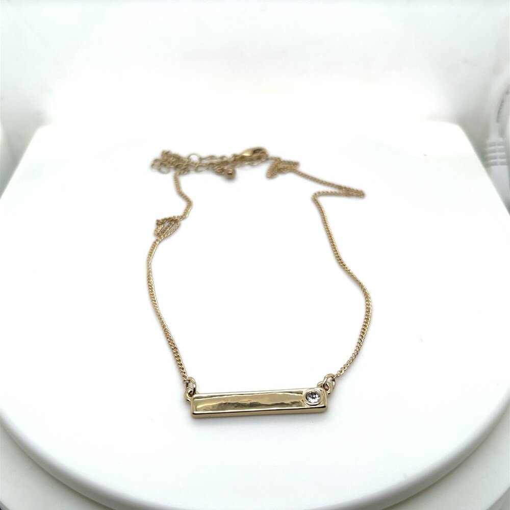 Yellow Metal Bar Necklace with White Stone